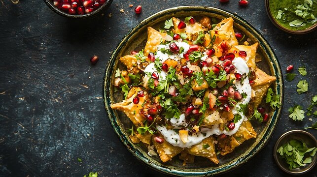 Samosa chaat loaded with yogurt.