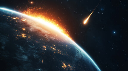 Obraz premium An asteroid with a glowing trajectory path is approaching the Earth's atmosphere, set against a soft focus planetary background, visualizing a space threat.