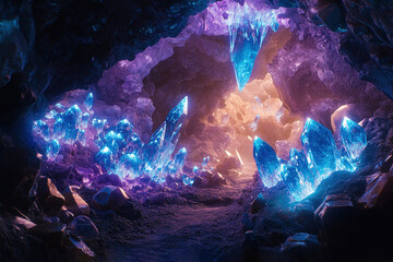 Obraz premium Mystical crystal cave filled with glowing formations and hidden paths Explore fantasy