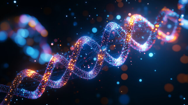 An abstract human brain structure with glowing neuron connections is presented against a soft - focused DNA helix background, symbolizing evolution and genetics research concept.