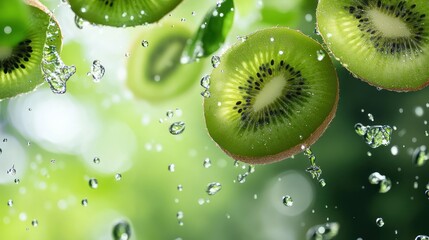 Fresh kiwi slices in motion, splashing water droplets. Vibrant green fruit, with water drops and foliage background