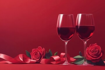Romantic Red: Two wine glasses roses and a ribbon against a monochromatic backdrop