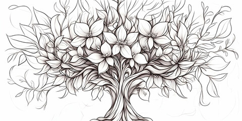 Intricate Line Art Drawing of a Flowery Tree, a Detailed Black and White Botanical Illustration, Abstract Floral Background Design