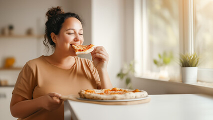 Woman dressed in brown t-shirt eating tasty pizza, holding it in hands and biting off piece sitting in kitchen. Eating unhealthy food such as fast food.