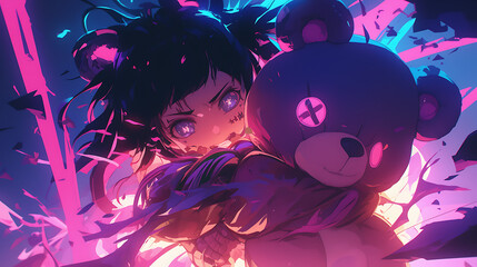 A fierce girl with dark hair and glowing eyes embraces a teddy bear amidst a vibrant, chaotic background