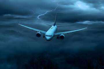 Airplane Flying Through a Dramatic Night Storm, above Foggy Forest