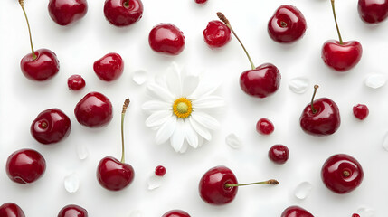 Vibrant Red Cherries and a Delicate Daisy Flower Arranged on a White Background, Creating a Summery, Appetising, and Fresh Food Photography Composition.