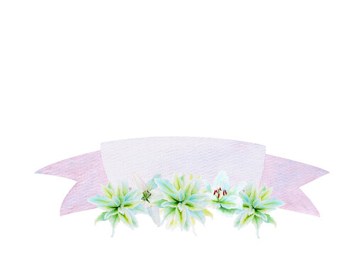 White lily flower garland and lilac banner watercolor composition isolated on white. High quality clip art perfect for cards, posters, stickers, Easter, Holy Thursday, christening baptism wedding