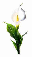 Fototapeta premium Vibrant White Calla Lily with Lush Green Leaves, Isolated on White Background, Botanical Illustration, Detailed Close-up View