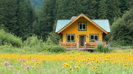 Fototapeta premium Tranquil Mountain Retreat Surrounded by Wildflowers