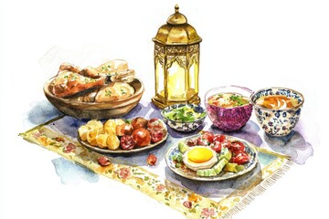 Watercolor painting of a warm and cozy iftar table setup, arranged with delicious dishes and a prayer mat nearby. A golden lantern casts a warm and peaceful light