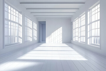 Sunlit Empty Room with White Walls and Large Windows: A 3D Rendered Interior Design Background