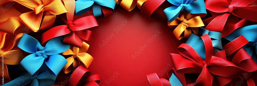 Poster Colorful ribbons and bows form a spiral pattern with a central area suitable for text or logos in a festive layout