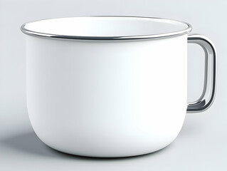 3D Render of a White Enamel Mug with a Silver Rim and Handle, Ideal for Mockups and Designs