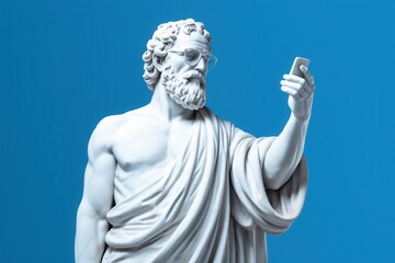 Contemporary Sculpture of Philosopher Holding Smartphone Against Blue