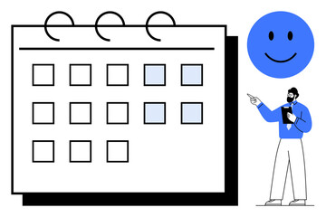 Calendar with highlighted days, smiling blue icon, and professional holding clipboard pointing. Ideal for scheduling, productivity, time management, happy work-life, business organization, reminders