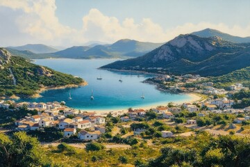 Fototapeta premium Mediterranean Coastal Town with Lush Green Hills and Gentle Bays