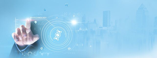 Biotechnology: Businessman touching and analyzing genetic data, biomedical innovation,...