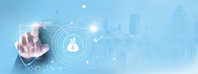 Budget: Businessman touching and financial planning, cost management, expense tracking, revenue forecasting, investment analysis, and profit optimization.