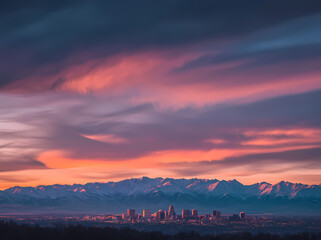 Obraz premium City Skyline at Sunset: A majestic city skyline rises above a vast landscape, bathed in the vibrant hues of a breathtaking sunset. The mountains in the distance add a sense of grandeur and scale.