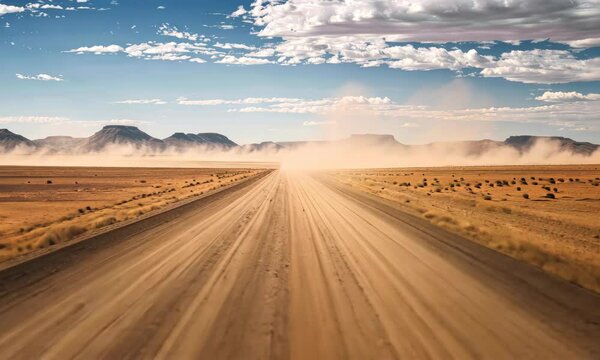 Dusty desert road extends towards distant mountains under cloudy sky