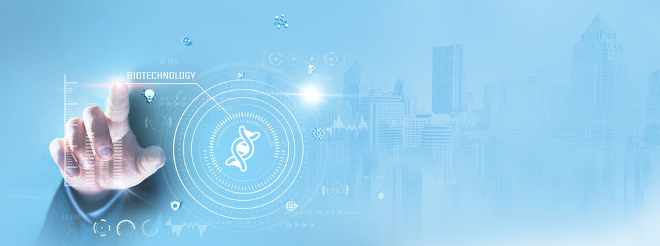 Biotechnology: Businessman touching and analyzing genetic data, biomedical innovation, bioinformatics, pharmaceutical research, medical technology, and laboratory advancements.
