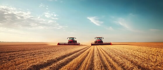 Fototapeta premium Two tractors are working together to harvest a crop in a vast farmland during the daytime with a contemporary cinematic lighting that creates a dramatic and captivating scene