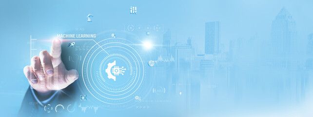 Machine Learning: Businessman touching and analyzing data patterns, training models, predictive analytics, algorithm optimization, feature engineering, data processing, and model deployment.