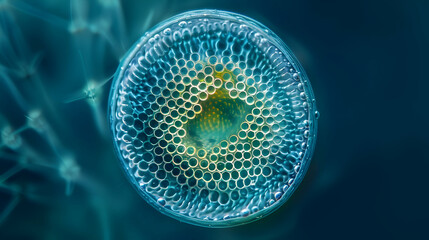 Fototapeta premium Abstract Microscopic View of a Cellular Structure in Shades of Blue with a Central Yellow Area Illuminated with Soft Light