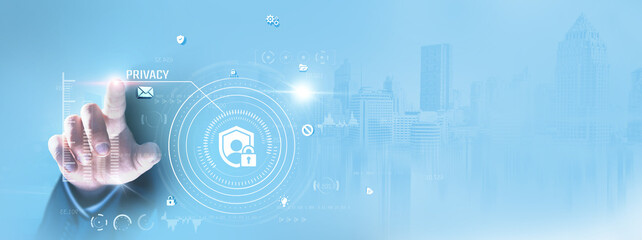 Privacy: Businessman touching and securing data, encryption, user authentication, access control, confidentiality, data protection, and compliance.