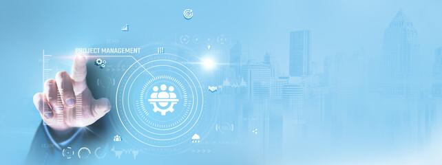 Project Management: Businessman touching and planning tasks, tracking progress, resource...