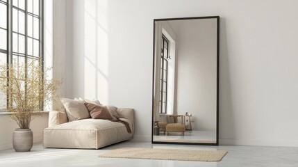 14.A large, rectangular mirror with a sleek black frame leaning against a pristine white wall, reflecting a minimalist living room with a beige sofa, a cozy rug, and natural wooden accents.
