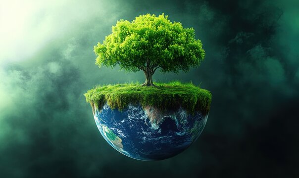 Earth Day Celebration for Environmental Protection and Awareness on April 22 with Blooming Green Trees in a Minimalistic Background - Powered by Adobe