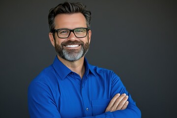 Obraz premium Confident man with crossed arms smiles wearing glasses against a neutral backdrop