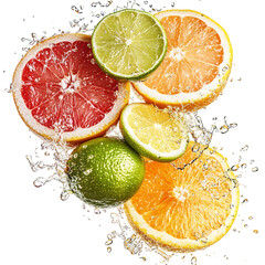 Fresh Citrus Fruits Grapefruit Lemon and Lime Flying Isolated on Transparent Background