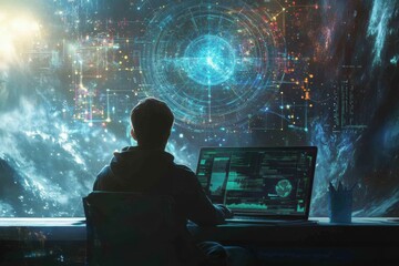 Student engages in virtual learning with AI technology while exploring innovative digital environments in a modern workspace