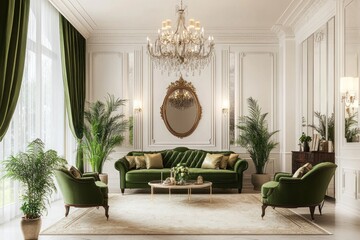 Elegant living room with green velvet sofa, gold accents, and large windows.