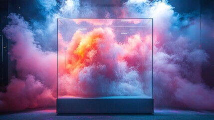 Transparent glass showcase enveloped in a swirling cloud of Holi colors ideal for display mockups or festival themed branding materials