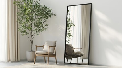 32.A tall, rectangular mirror with a slim black metal frame leaning against a pristine white wall, reflecting a minimalist living space featuring a cozy armchair, a soft beige rug, and a potted plant.