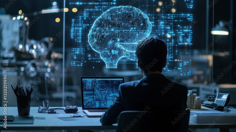 Fototapete student engages in ai driven virtual learning at a modern workspace, focused on digital interactions