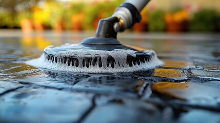 Cleaning patio stones with a soapy brush
