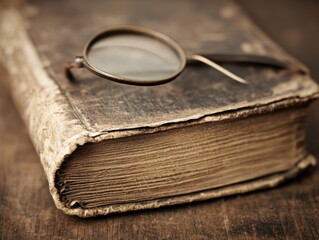 Vintage Leather Bound Book with Old Pages and Antique Reading Glasses Resting on Rustic Wooden Surface for Nostalgic Atmosphere