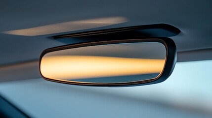 Fototapeta premium 68.A close-up of a carâ€™s rearview mirror attached to the ceiling, with a soft, diffused light illuminating the glass surface against a clean white background, highlighting its smooth, reflective