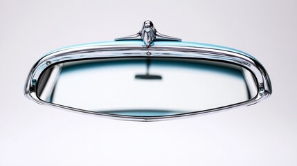 71.A high-definition image of a car's rearview mirror with chrome detailing, suspended from the roof with a blank white background, emphasizing the clarity and reflective surface of the mirror.