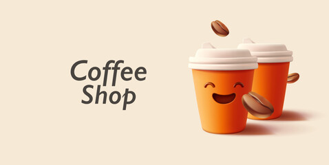 Coffee shop. Modern banner for advertising coffee drinks cafe. 3D funny smiling cups with hot drink. Emoji, smiley. Vector illustration.