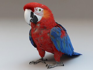 A vibrant macaw with colorful plumage stands on a surface