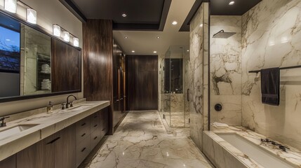 Obraz premium 75.A minimalist bathroom with a dark wood cabinet, black overhead lighting, and a large rectangular mirror reflecting the simplicity of the space, complemented by a stunning marble shower area with