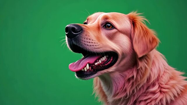 Golden retriever dog standing against a vibrant green screen background, facing forward with a calm and friendly expression, fluffy golden fur well-groomed, ears slightly perked, and tail relaxed.  