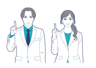 人差し指を立てている白衣姿の男女