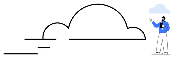 Man pointing at a cloud symbol with flowing motion lines suggesting connectivity, innovation, and data flow. Ideal for cloud computing, technology, networking, progress, data management, analytics